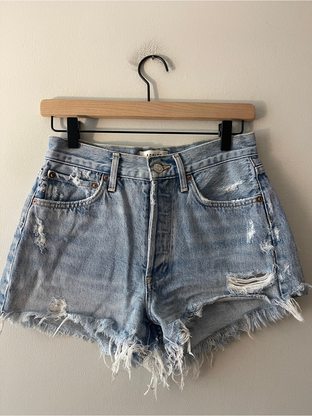 AGOLDE Parker Cut Off Denim Shorts Women’s 24 Light Wash Distressed Fringe